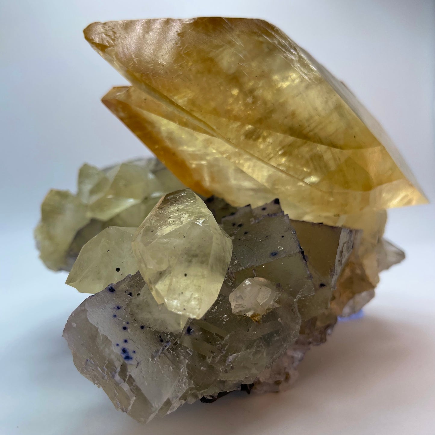 Yellow Calcite on Fluorite and Sphalerite