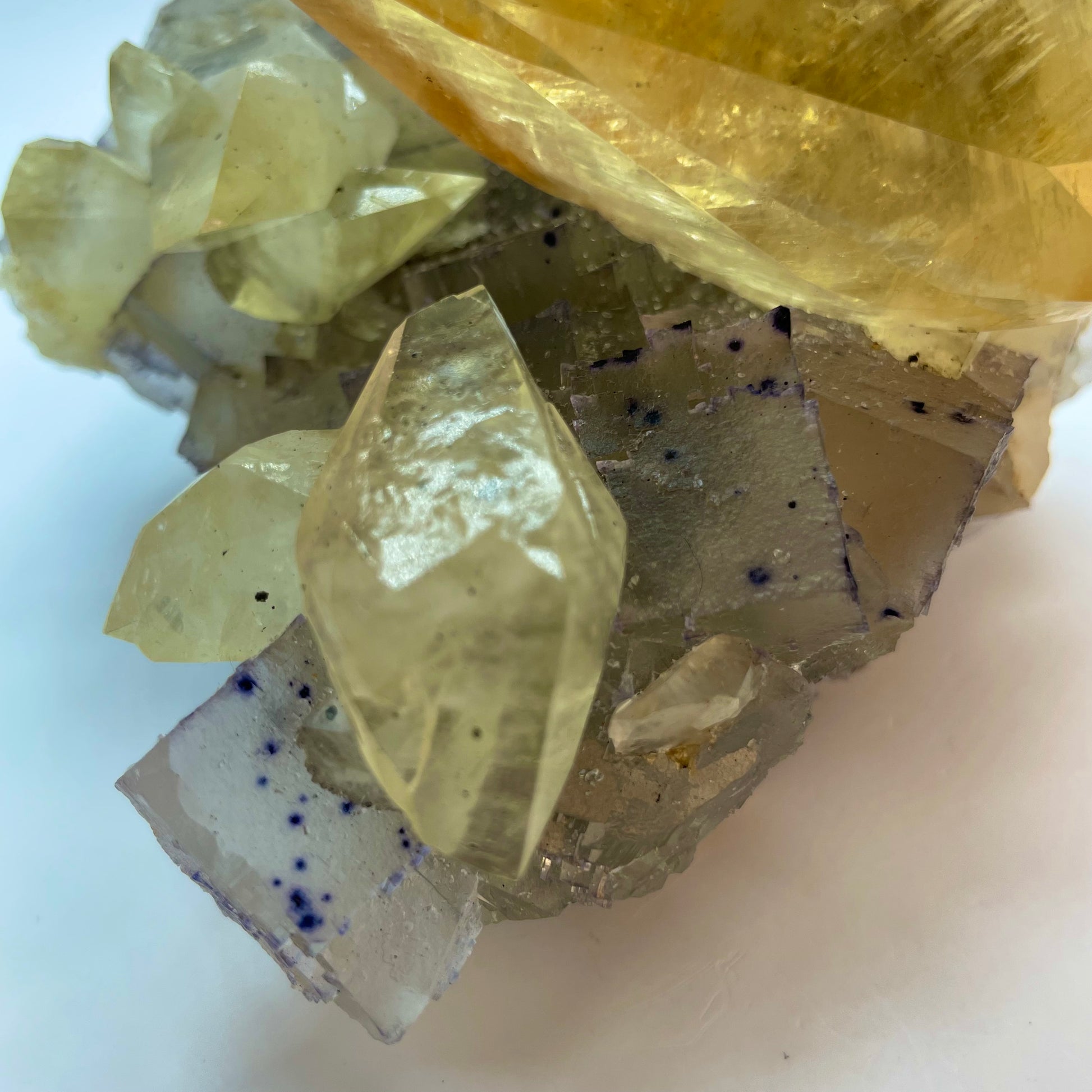 Yellow Calcite on Fluorite and Sphalerite