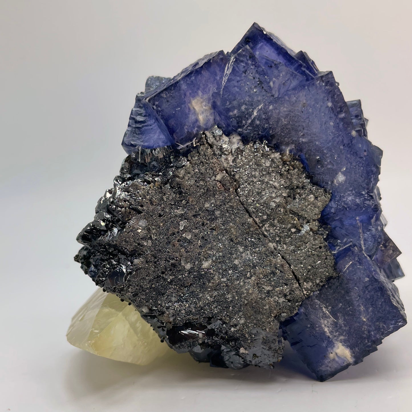 Yellow Calcite on Sphalerite with Purple Fluorite